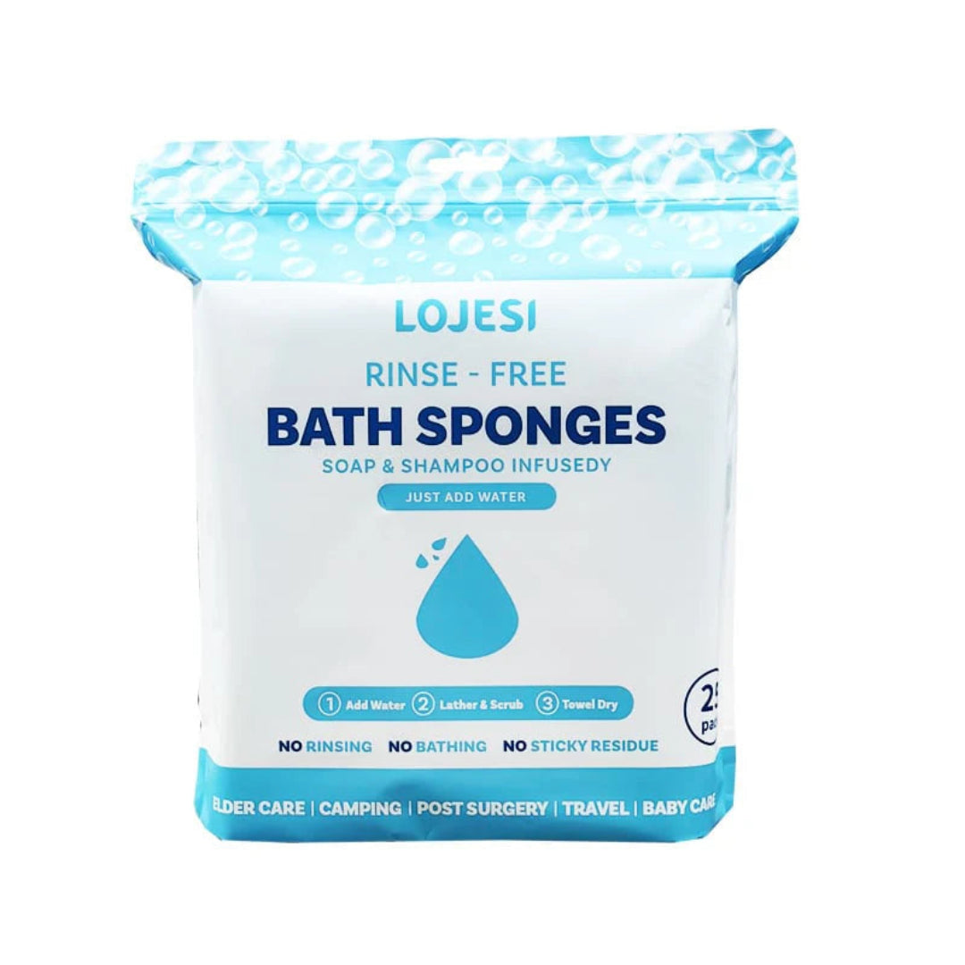 Pack of LOJESI bath sponges with blue and white design on a white background