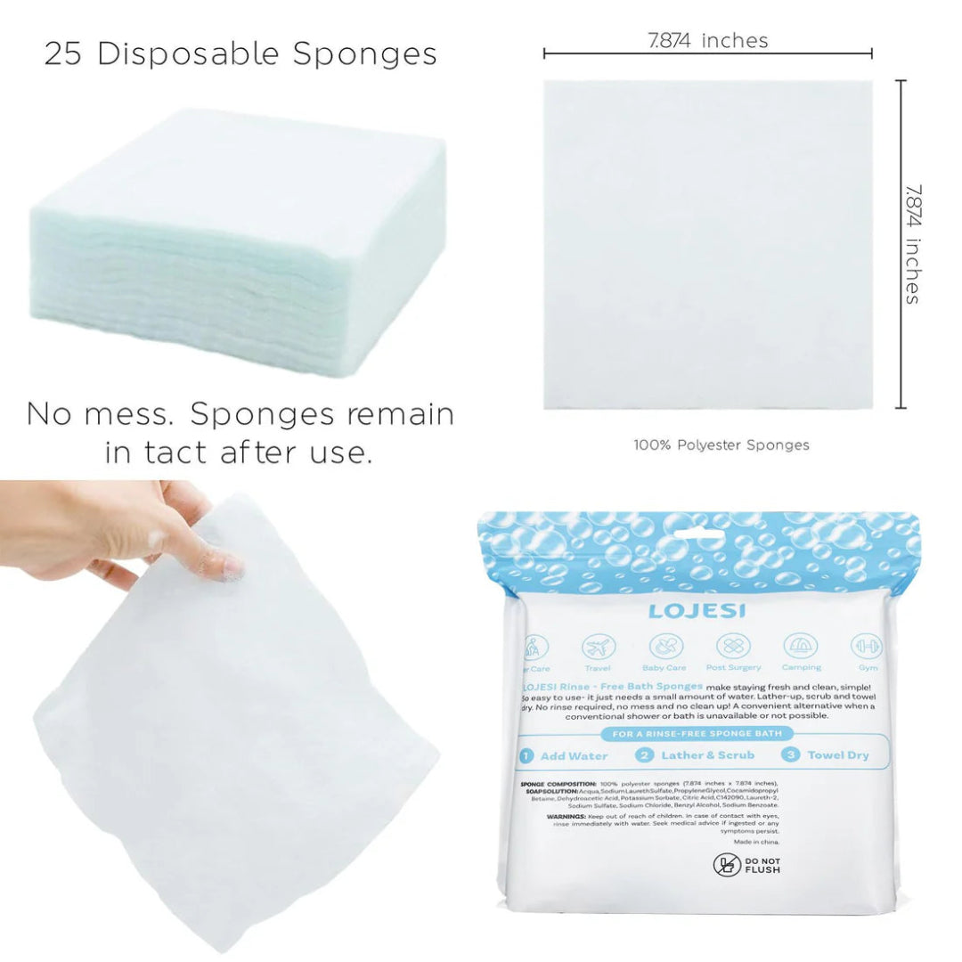 Disposable sponges with packaging and dimensions displayed.