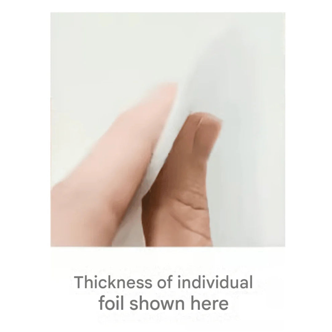 Hand holding a piece of thin foil with text indicating the thickness.