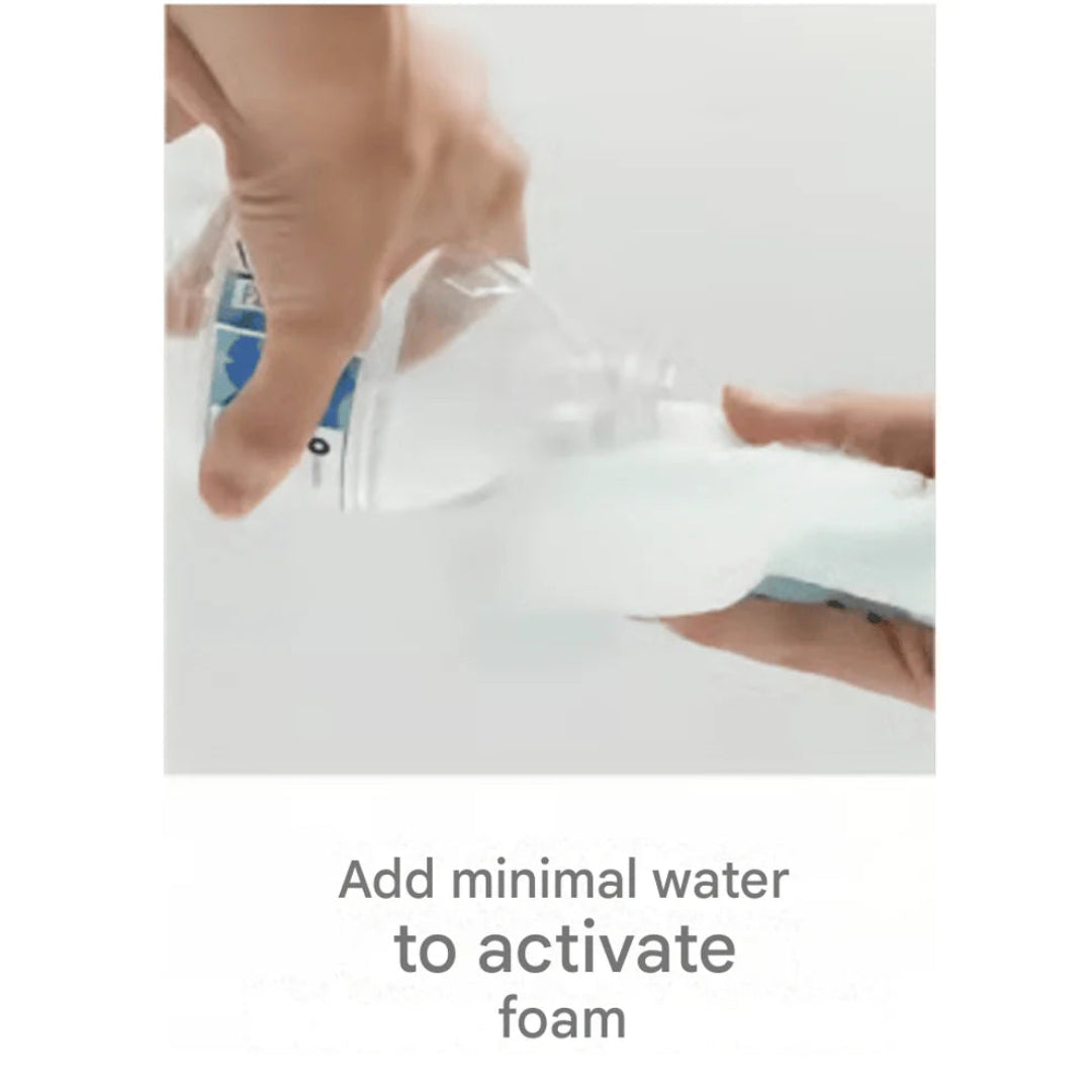 Person holding a clear container with a white powder, text 'Add minimal water to activate foam' on a light gray background.