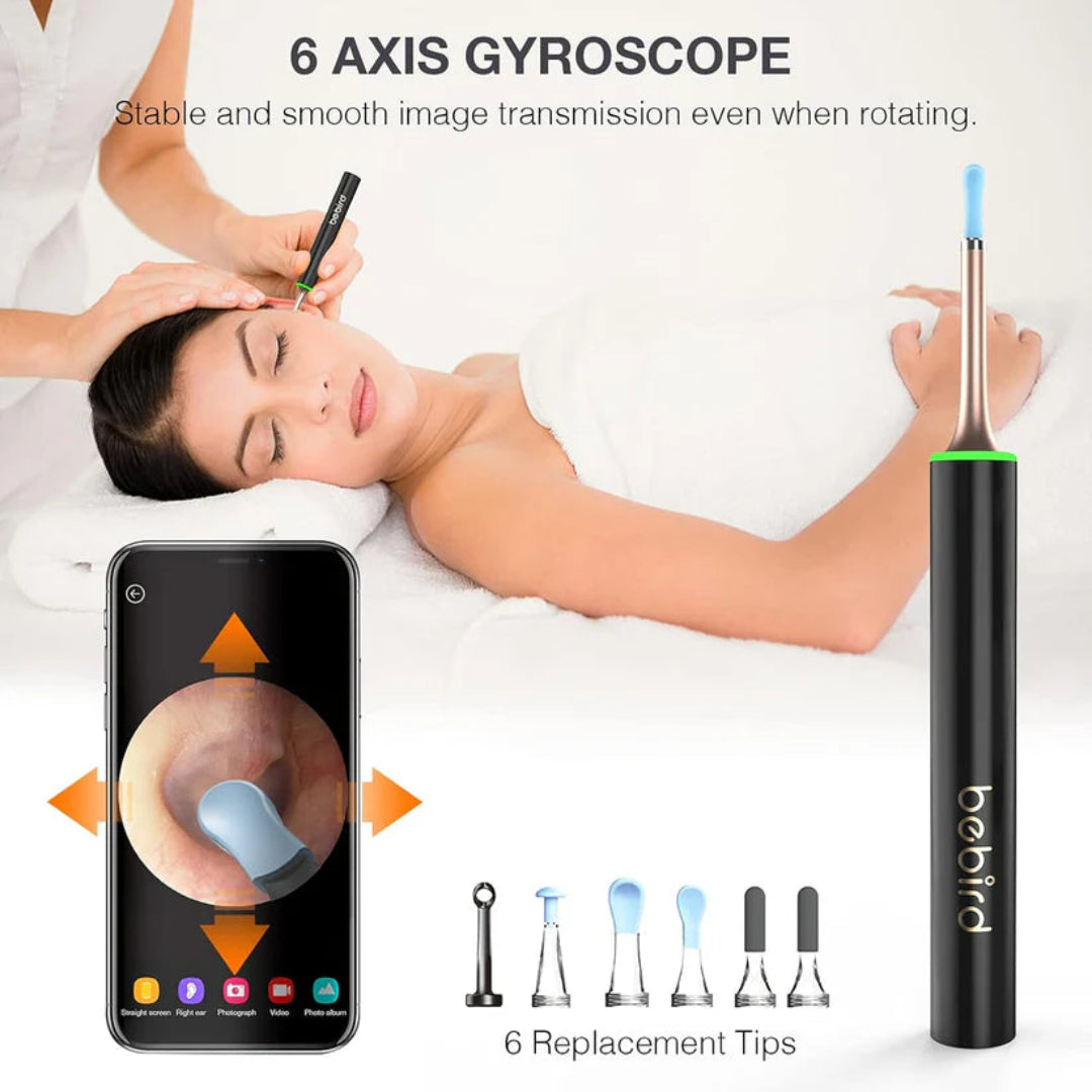 Ear cleaning tool with smartphone app interface and replacement tips, featuring a 6-axis gyroscope.