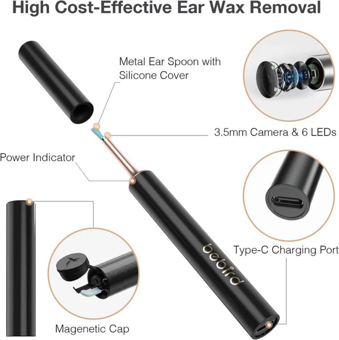 Black ear wax removal tool with labeled parts on a white background