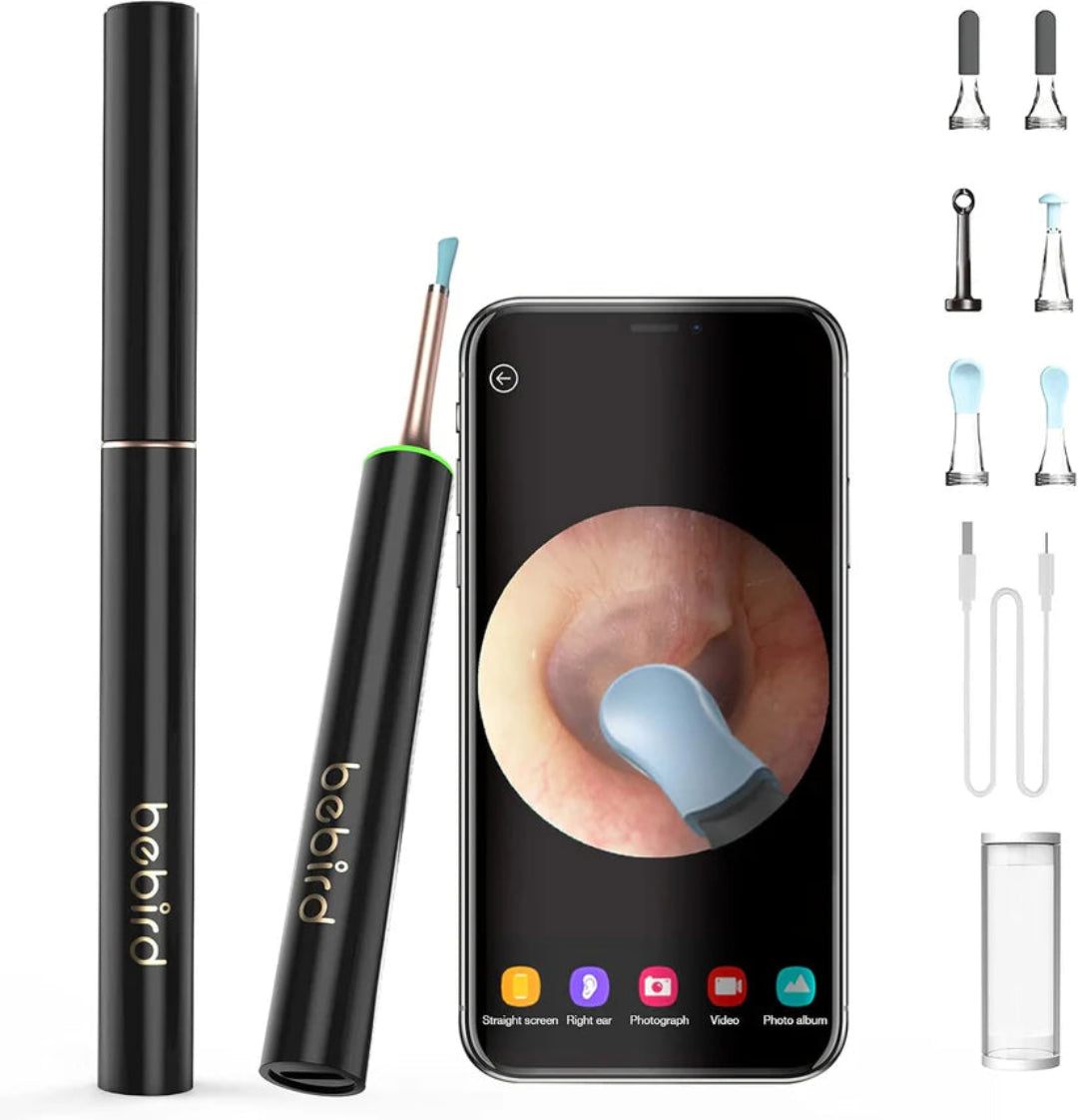 Ear inspection device with smartphone displaying ear view and additional tips on a white background