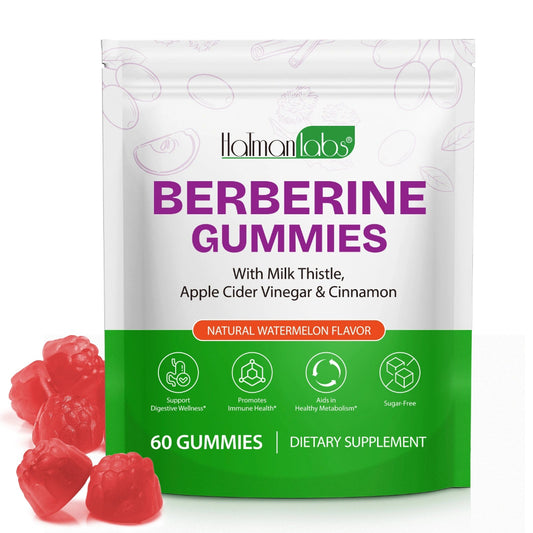 Halman Labs Berberine Gummies packaging with gummies on a white background