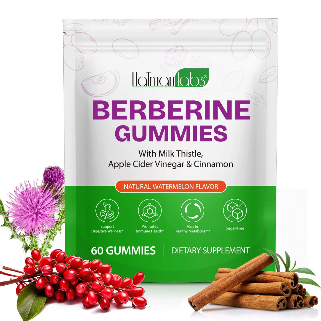 Halman Labs Berberine Gummies packaging with natural ingredients on a white background