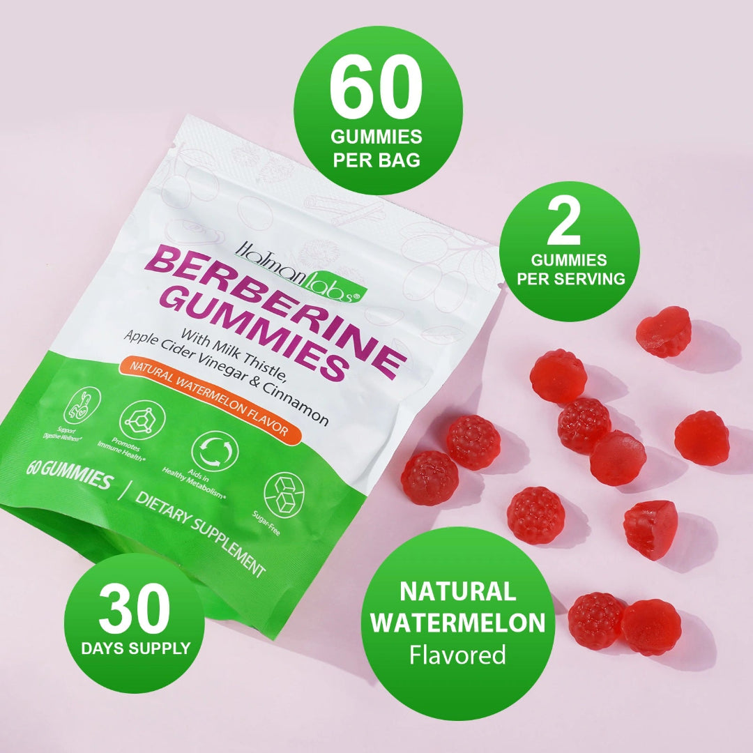 Holman Labs Berberine Gummies packaging with gummies on a pink background