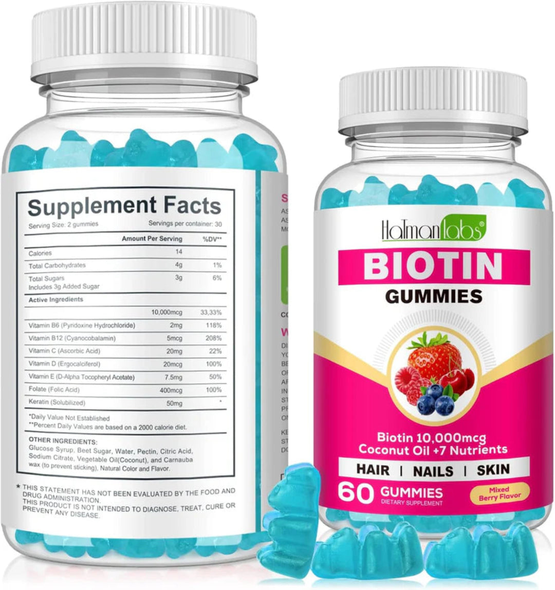 Two bottles of Biotin gummies with a supplement facts label on the left.