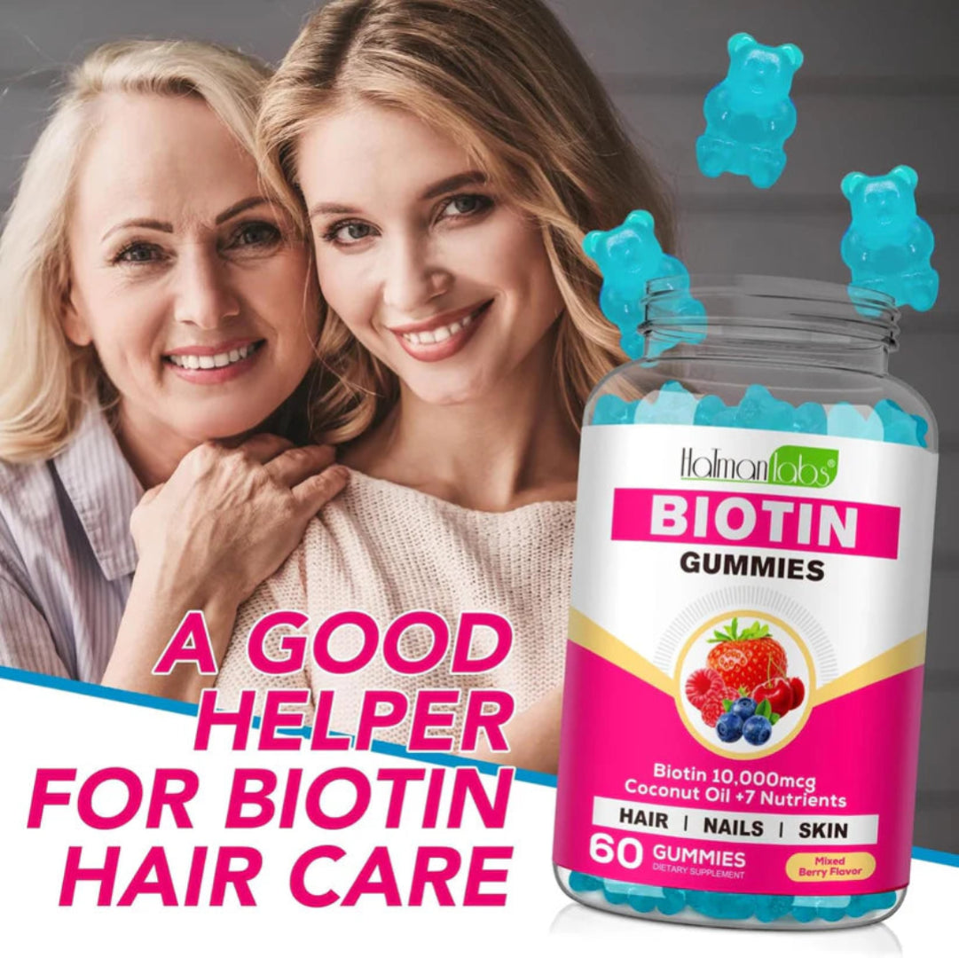 Biotin gummies with a jar labeled 'Holman Labs Biotin Gummies' and two women smiling.