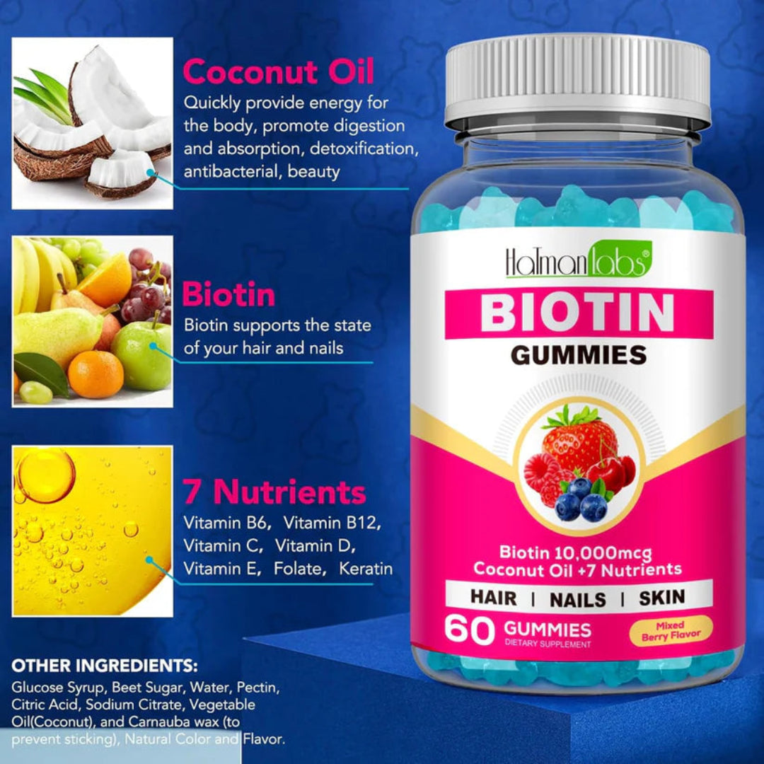 Holman Labs Biotin Gummies bottle with ingredients and benefits on a blue background
