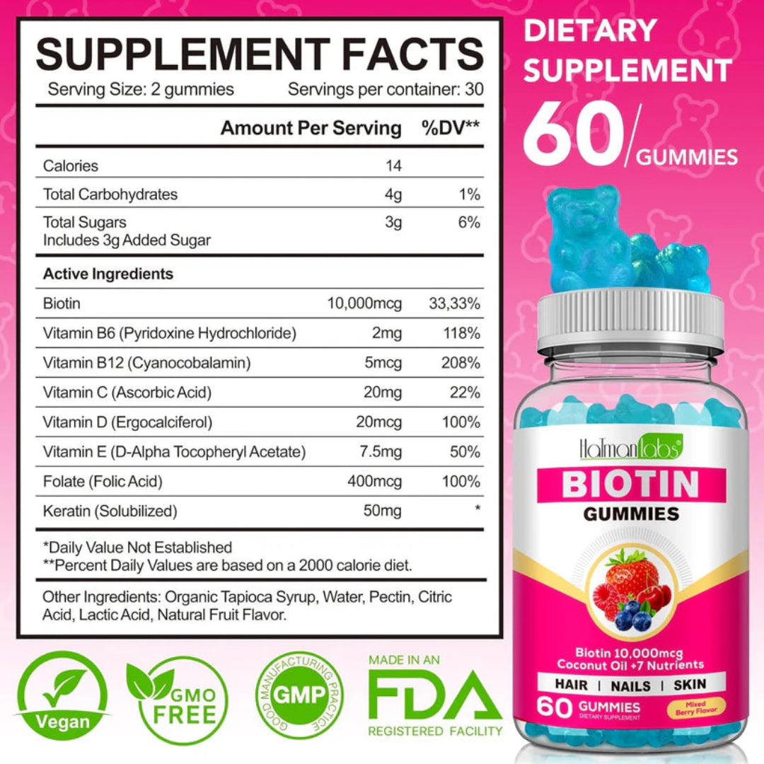 Biotin gummy supplement with label and bottle on pink background