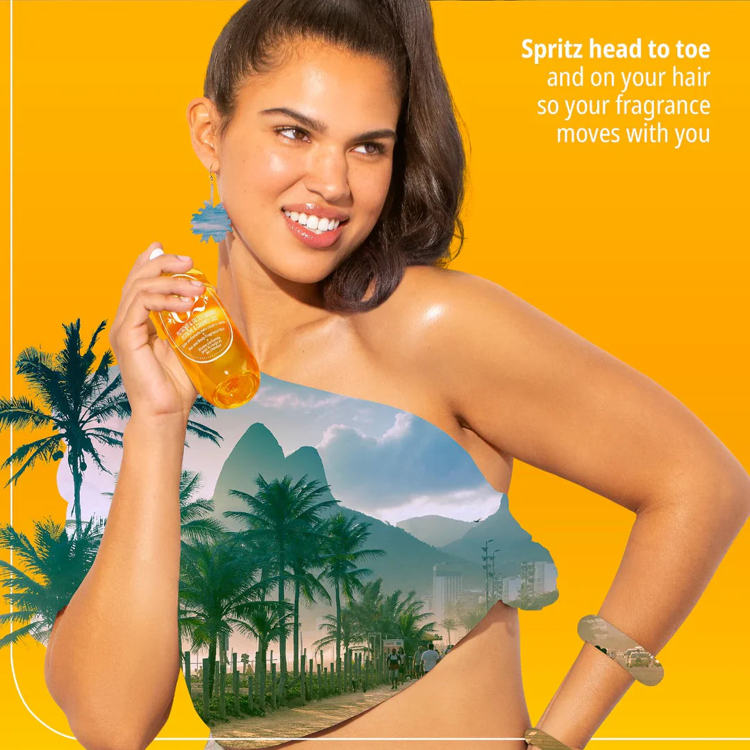 Woman holding a bottle of spray with a scenic background on a yellow background