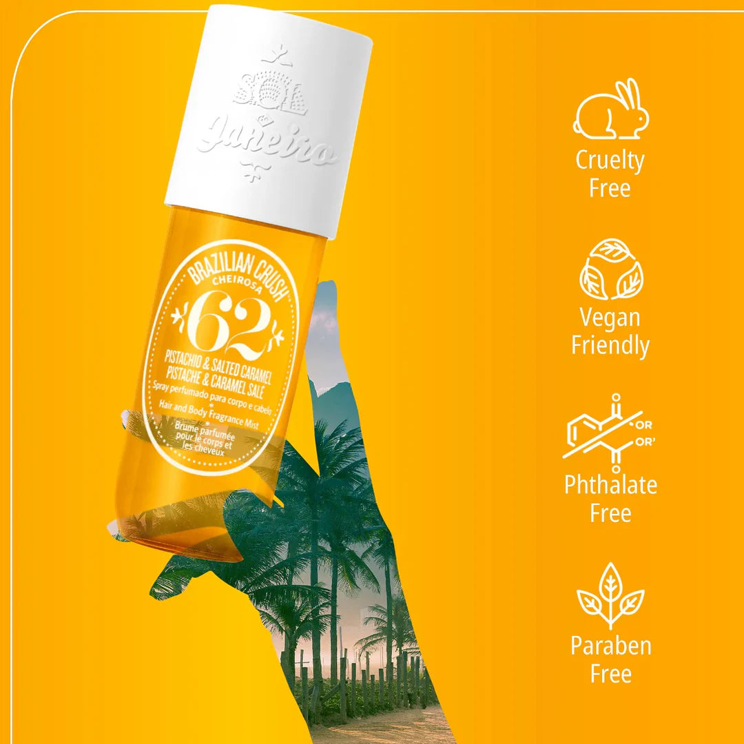 Shampoo bottle with palm trees and product details on a yellow background