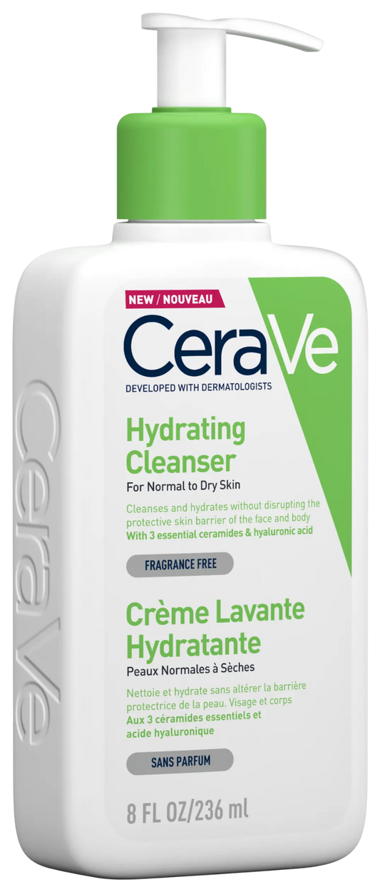CeraVe hydrating cleanser bottle on a white background