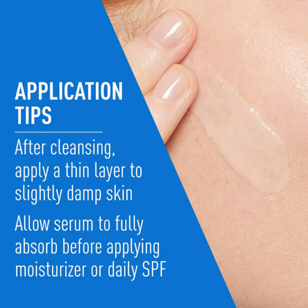 Skin care application tips with a close-up of skin and text on a blue background
