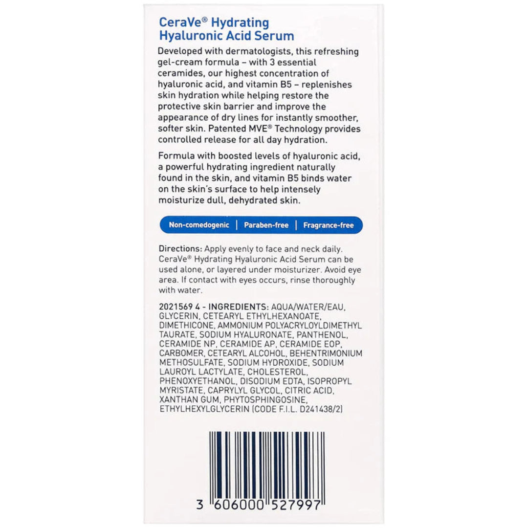 CeraVe Hydrating Hyaluronic Acid Serum packaging with text and barcode on a white background