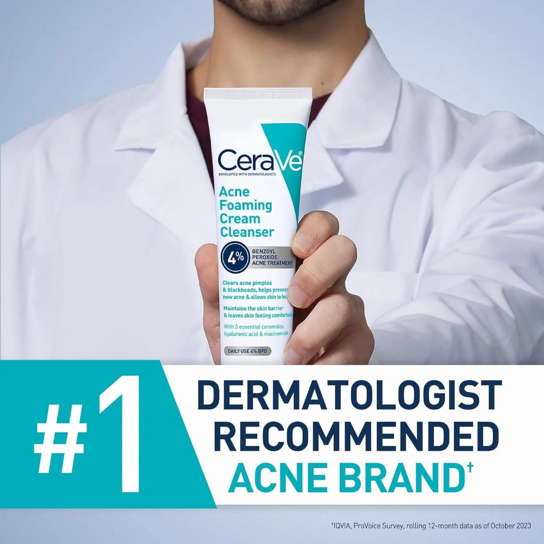 CeraVe acne foaming cream cleanser held by a person in a lab coat with '#1 Dermatologist Recommended Acne Brand' text.