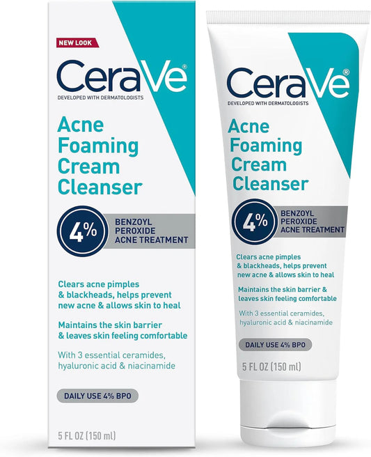 CeraVe Acne Foaming Cream Cleanser packaging and tube on a white background