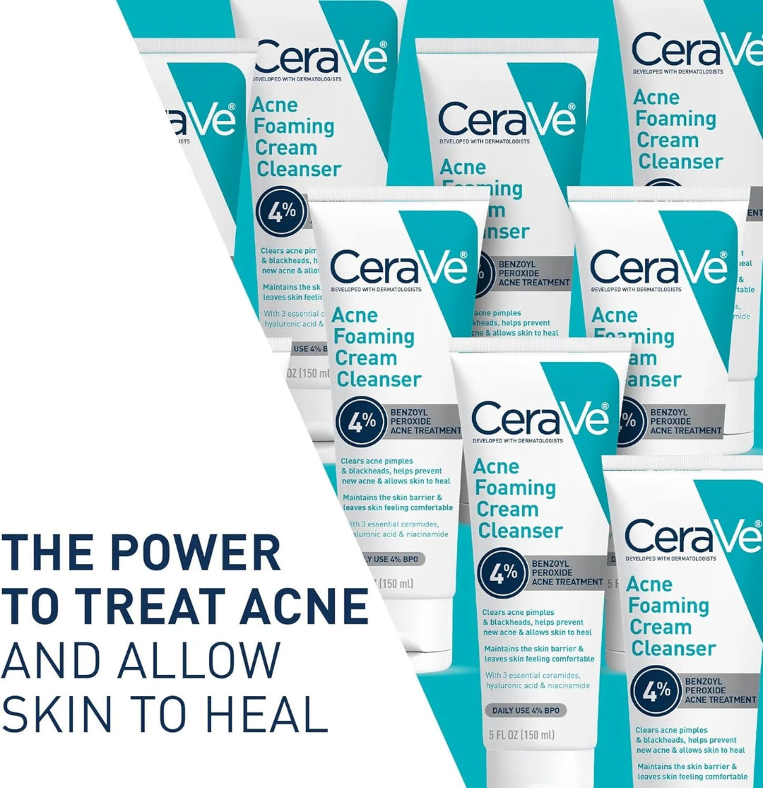 Multiple CeraVe Acne Foaming Cream Cleanser packages on a white background with promotional text.