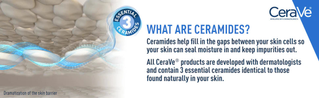 CeraVe advertisement explaining ceramides and their role in skin barrier function.