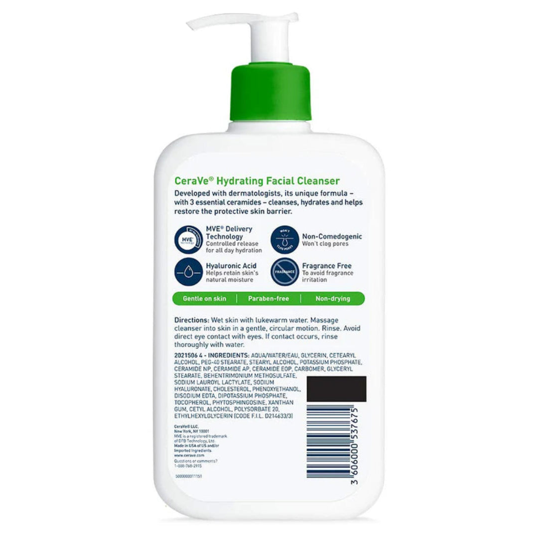 CeraVe hydrating facial cleanser bottle with green pump on a white background