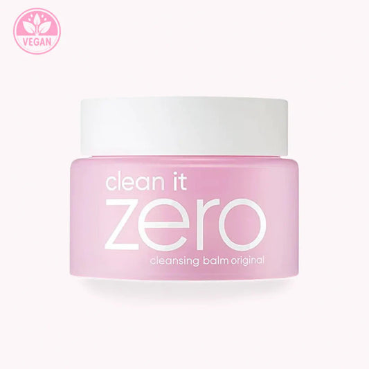 Pink jar of 'clean it zero' cleansing balm with a white lid on a white background.