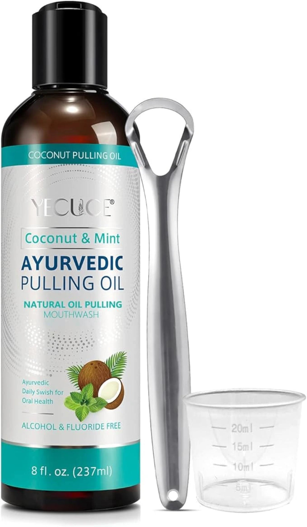 Ayurvedic pulling oil bottle with scoop and measuring cup on a white background
