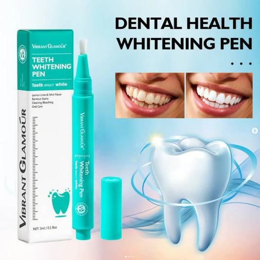 Teeth whitening pen with packaging and promotional images on a light blue background