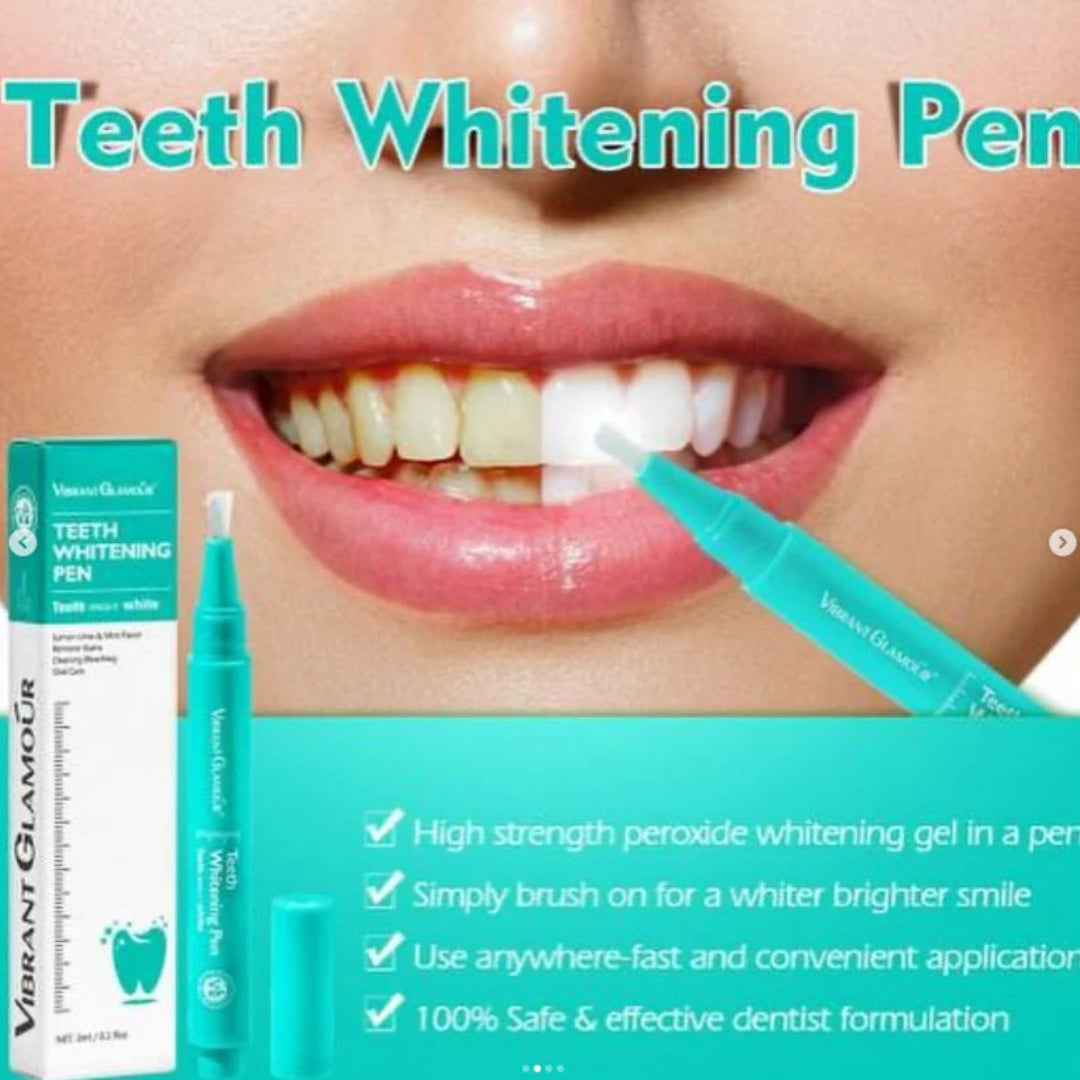 Teeth whitening pen with packaging and close-up of teeth being whitened.