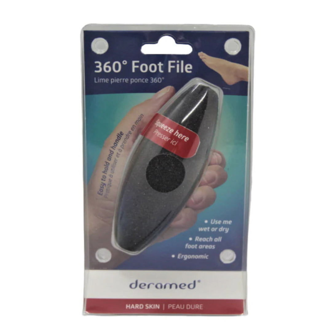 360° Foot File packaging with a hand holding the product on a white background