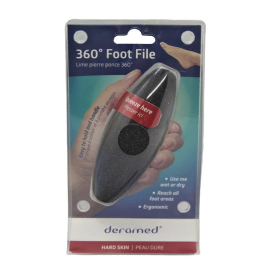 360° Foot File packaging with a hand holding the product on a white background