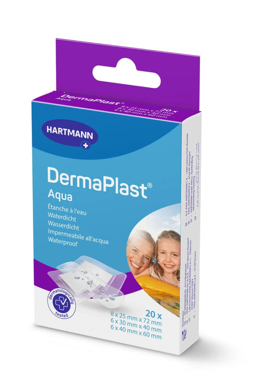 DermaPlast Aqua packaging with purple and blue design on a white background