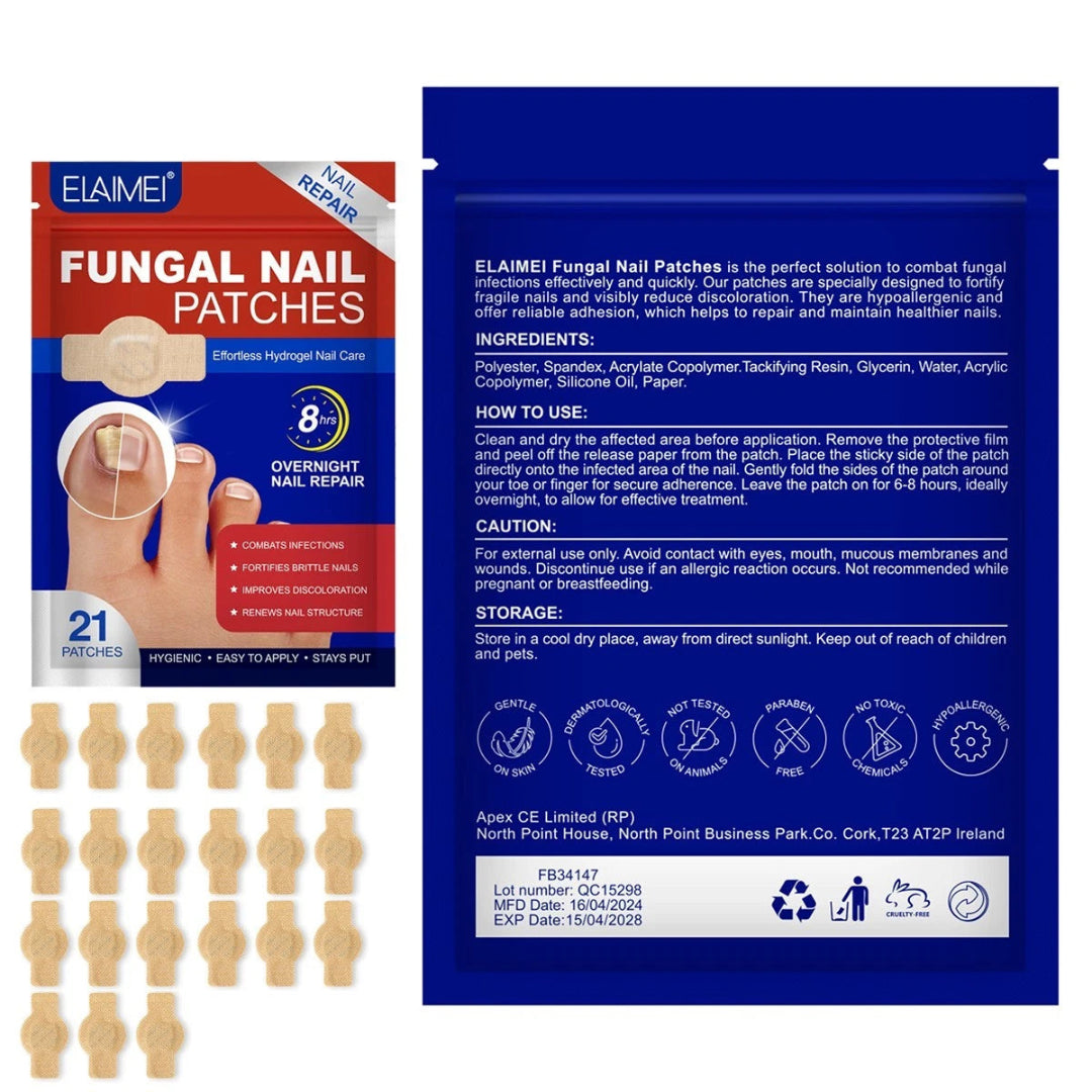 Elайте fungal nail patches packaging with instructions and ingredients list on a white background