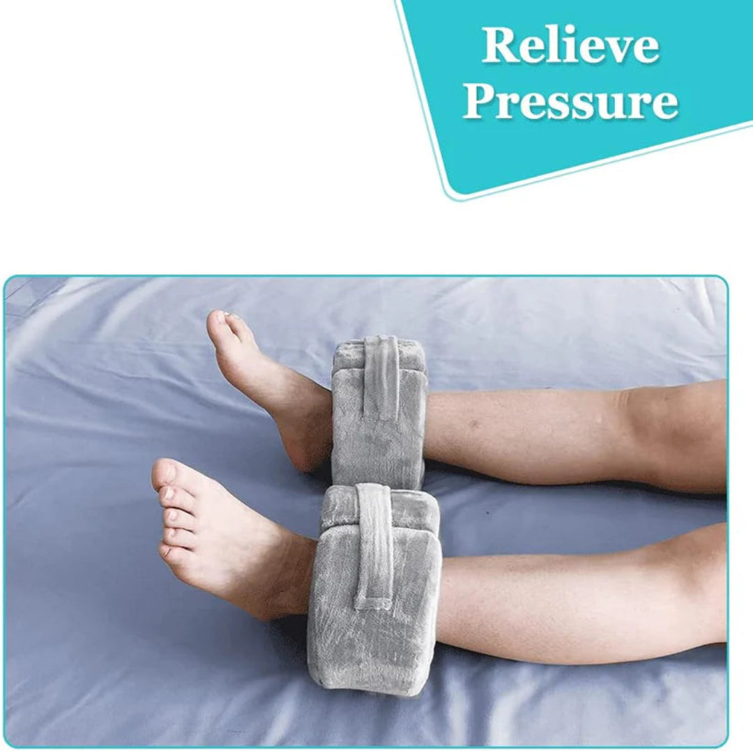 Person using a foot pillow with text 'Relieve Pressure' on a white background