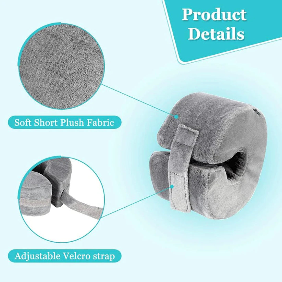 Gray neck pillow with soft plush fabric and adjustable Velcro strap on a light blue background