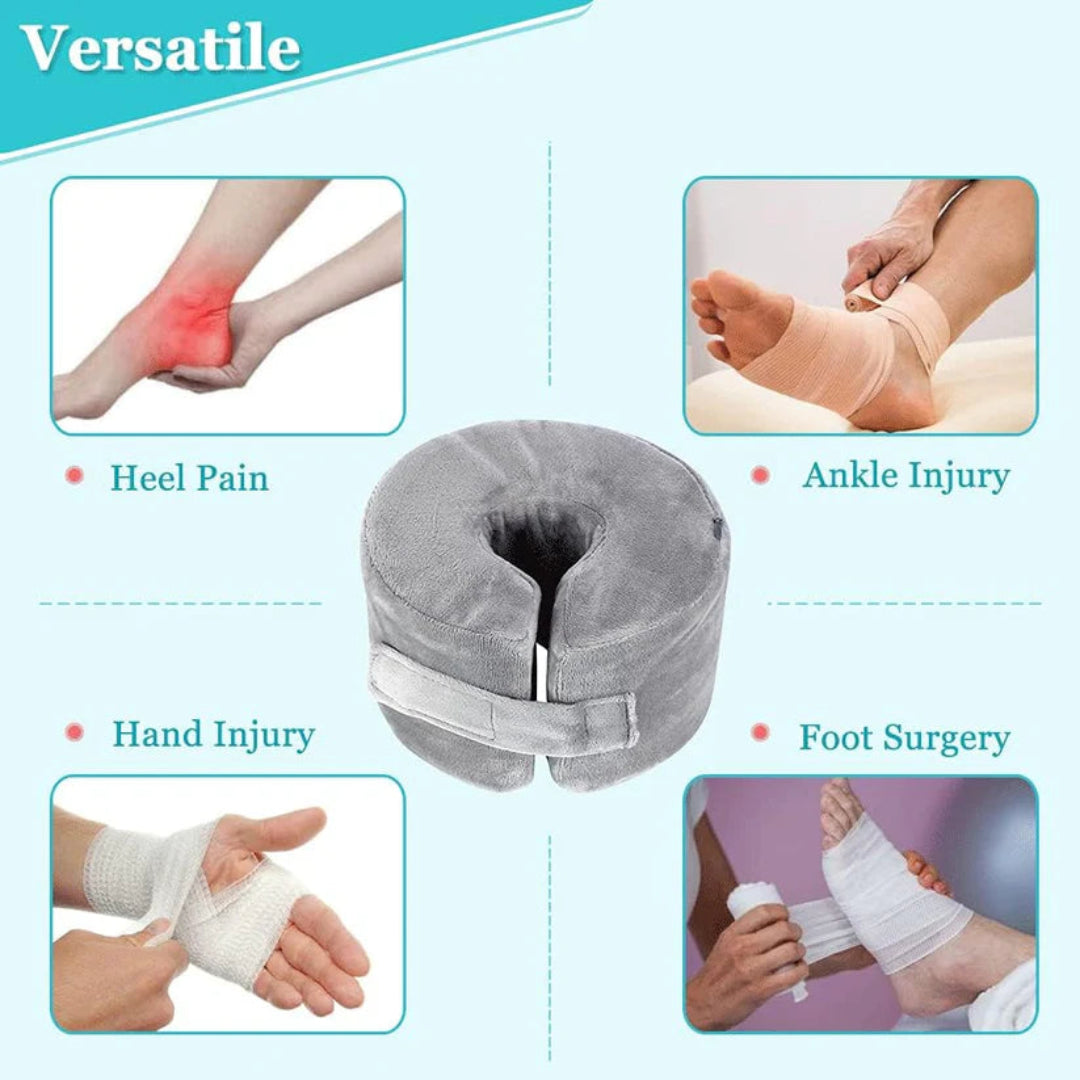 Gray compression bandage wrap with images of its use on various injuries on a light blue background.