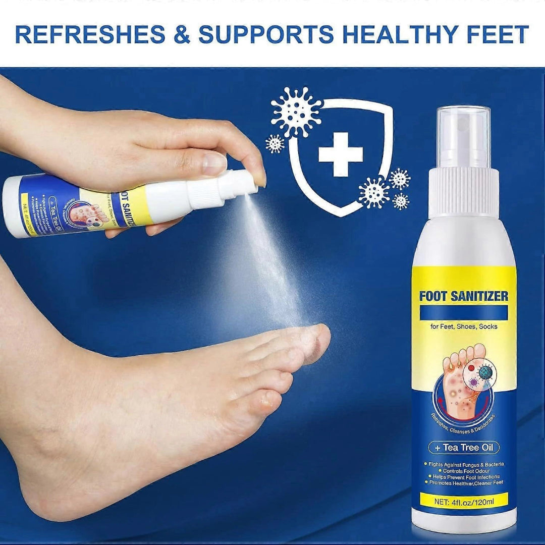 Foot sanitizer being applied to a foot with a blue background and text indicating its benefits.