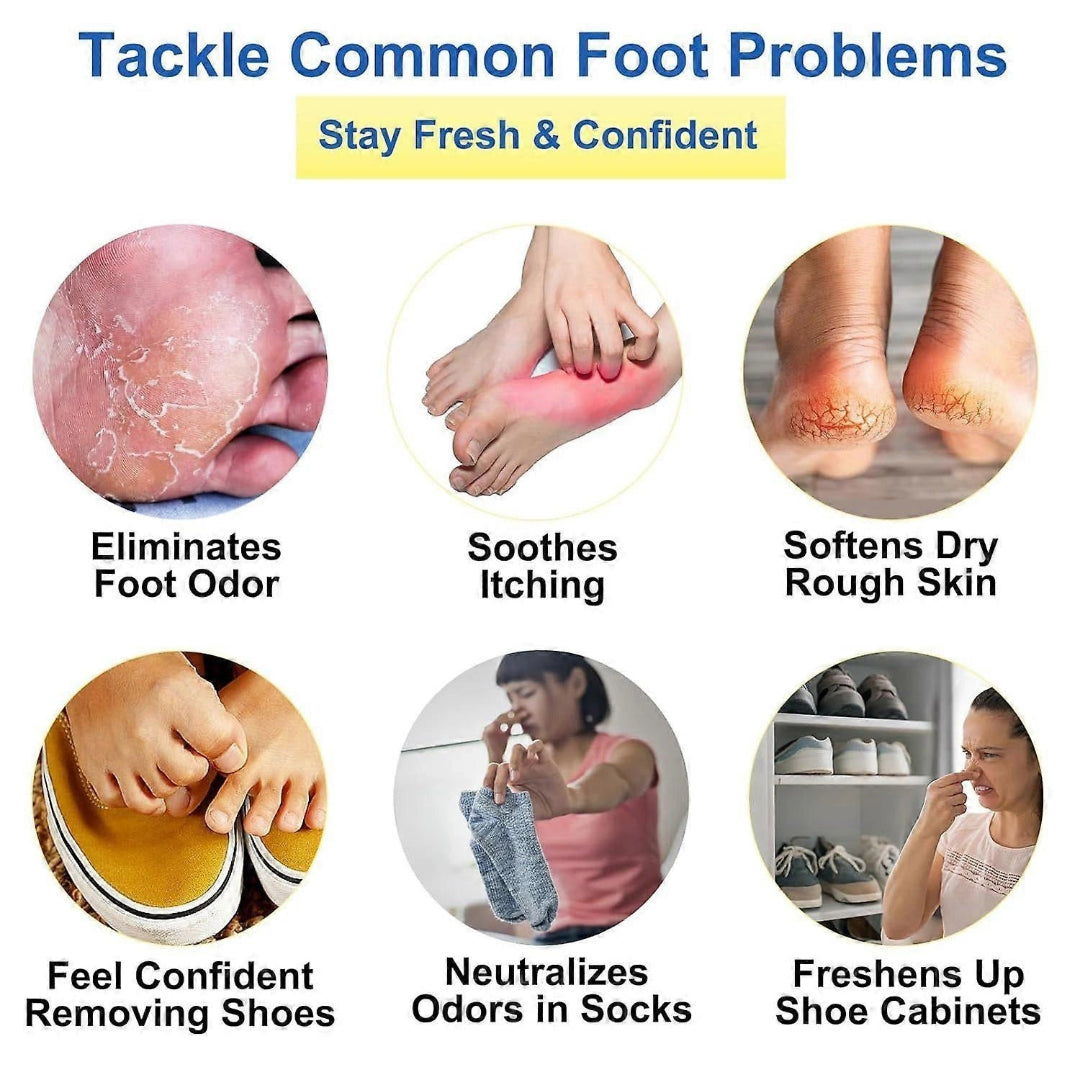 Product advertisement for foot care solutions with images of foot problems and their solutions.
