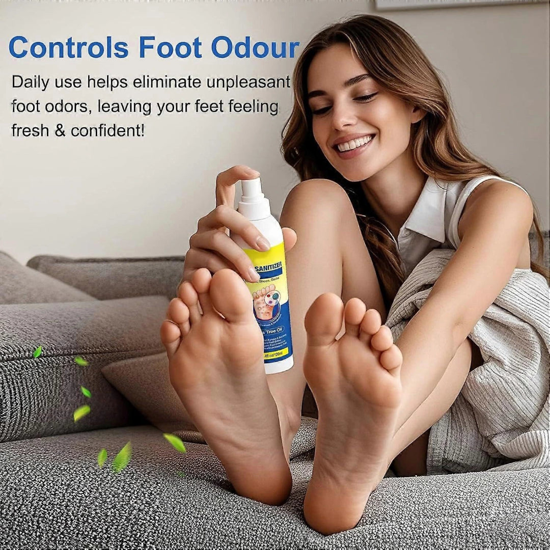 Woman applying foot odor control spray on her feet with text about its benefits.