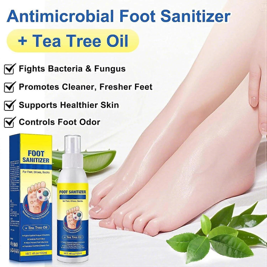 Antimicrobial foot sanitizer with tea tree oil, packaging, and feet shown on a white background.
