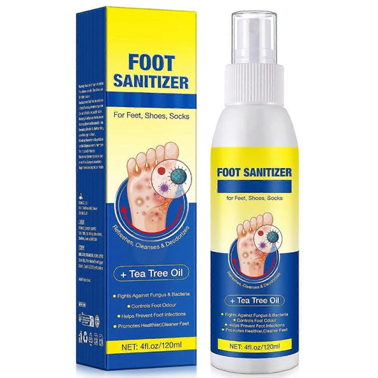 Foot sanitizer packaging with bottle and box on a white background