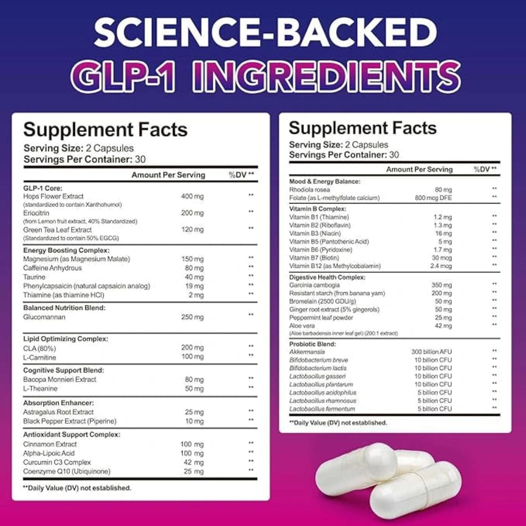 Supplement label with science-backed GLP-1 ingredients on a purple background