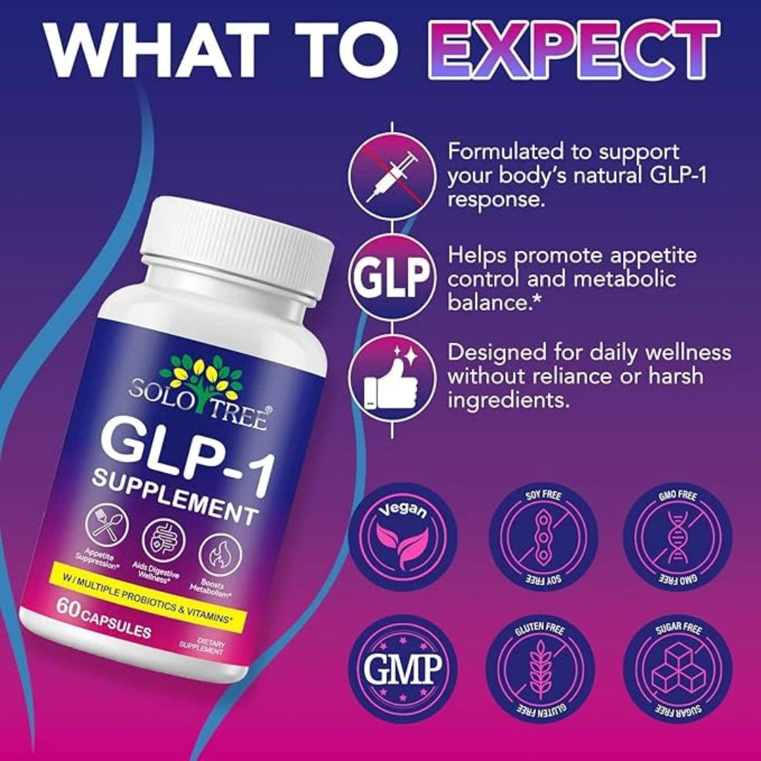 GLP-1 supplement bottle with features on a purple and pink gradient background