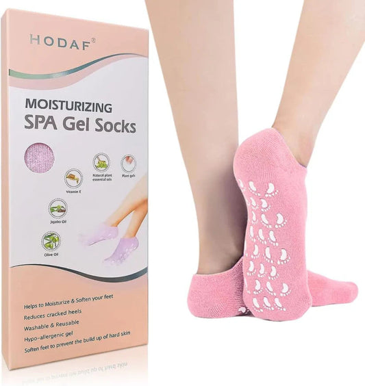 Pink moisturizing spa gel socks with HODAF packaging on a white background