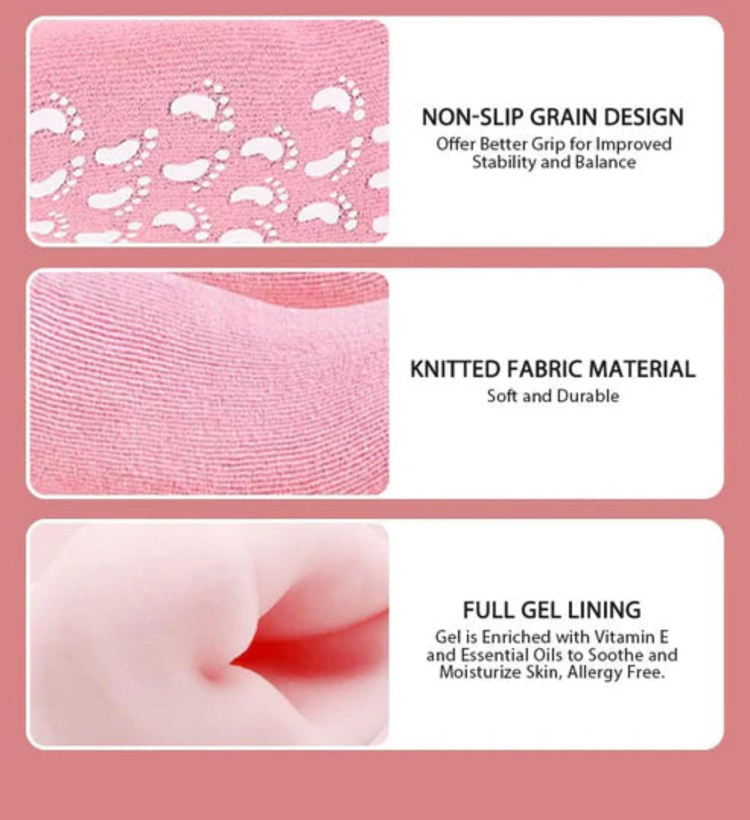 Product features including non-slip grain design, knitted fabric material, and full gel lining on a pink background.