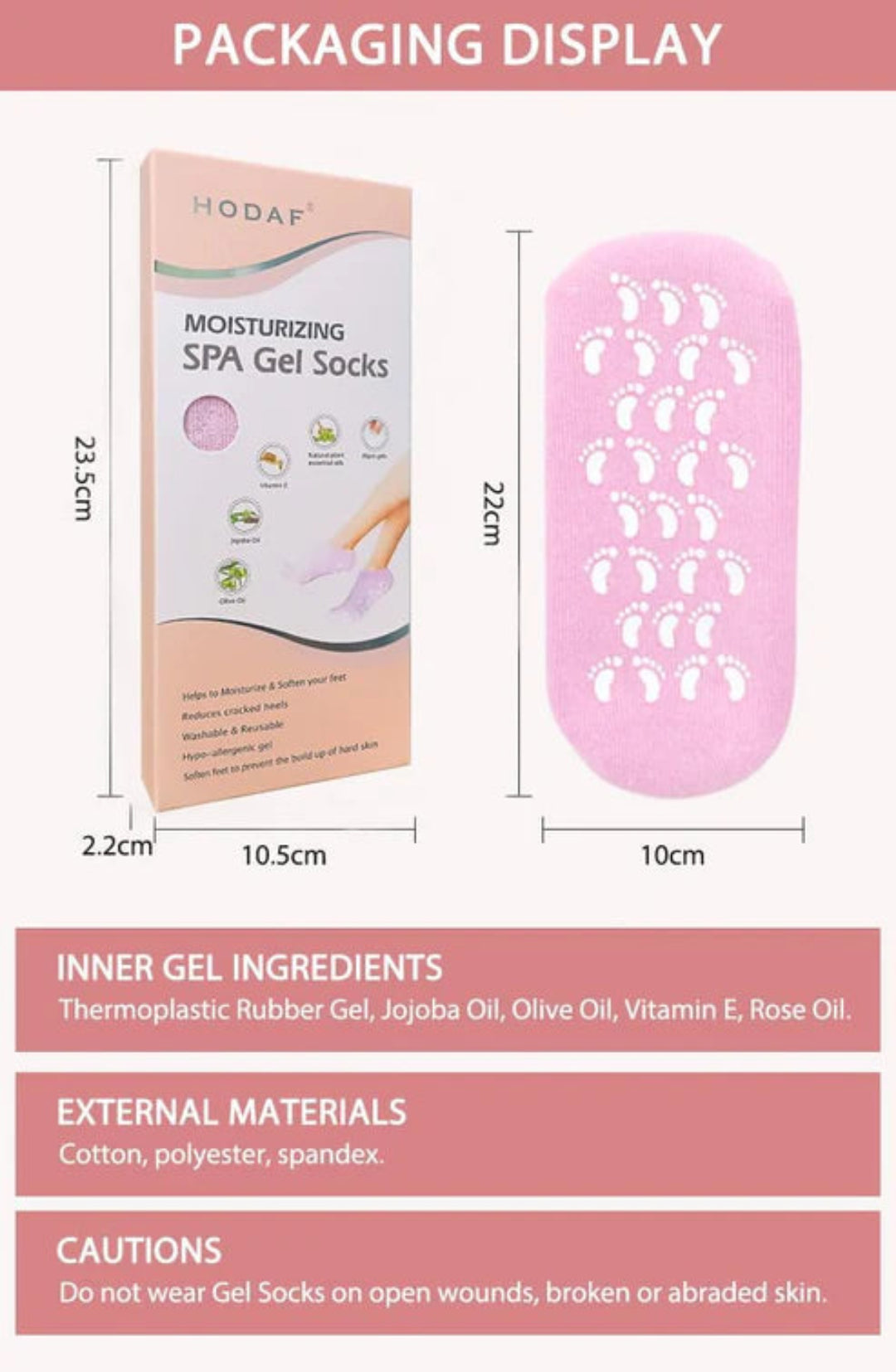 Packaging display of HODAF moisturizing spa gel socks with dimensions and product details.