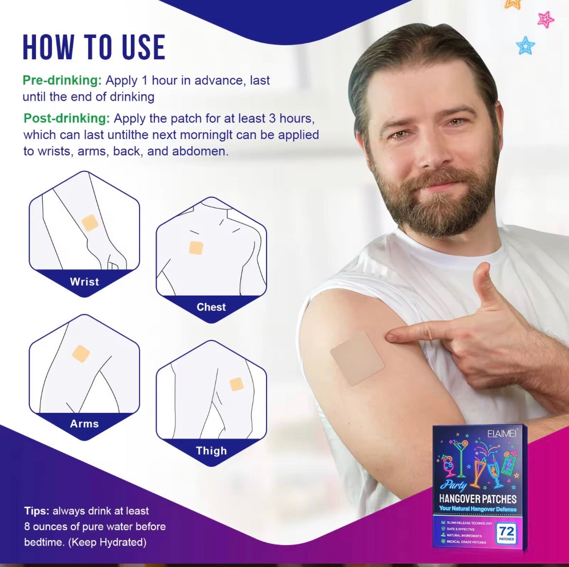 Instructional graphic for handover patches showing a man pointing to a patch on his upper arm, with diagrams of wrist, chest, arms, and thigh placement, plus usage text and a product box on a purple and blue background.