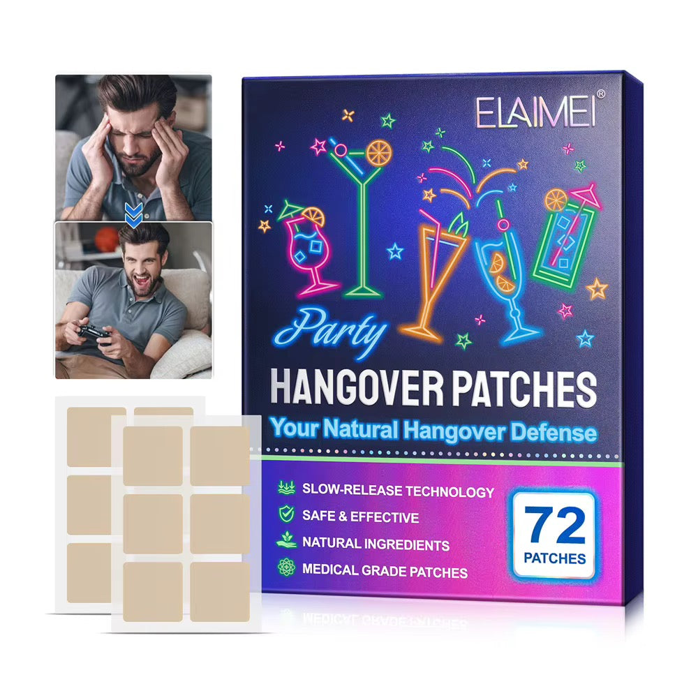 Elai mei hangover patches packaging box with neon drink illustrations, shown alongside two small inset photos of a man holding his head and laughing, plus several beige adhesive patches on a white background.