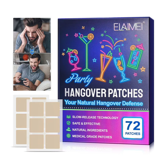 Elai mei hangover patches packaging box with neon drink illustrations, shown alongside two small inset photos of a man holding his head and laughing, plus several beige adhesive patches on a white background.