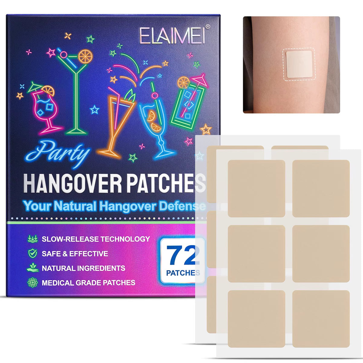 Elai mei hangover patches package with a small inset showing a beige square patch applied to skin, plus several beige adhesive patches on a white background.