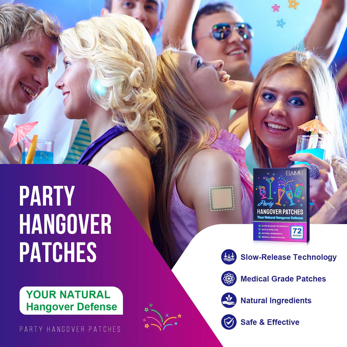 Promotional graphic for party hangover patches showing several smiling people at a party, a small package of EAGLE brand hangover patches, and text highlighting slow-release technology, medical-grade quality, natural ingredients, and safety and effectiveness.